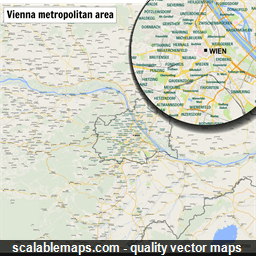 A map of Vienna metropolitan area with major places and roads