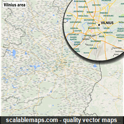 A map of the area around Vilnius with major places and roads