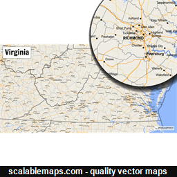 A map of Virginia with major places, roads and county borders