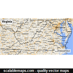 A map of Virginia with major places, roads and county borders