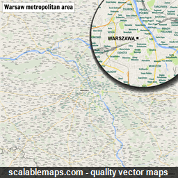 A map of the Warsaw metropolitan area with major places and roads