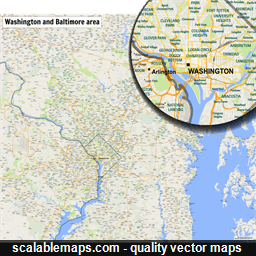 A map of the Washington and Baltimore area with major places and roads