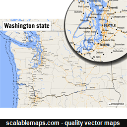 A map of Washington state with major places, roads and county borders
