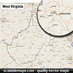 A map of West Virginia with major places, roads and county borders