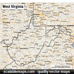 A map of West Virginia with major places, roads and county borders