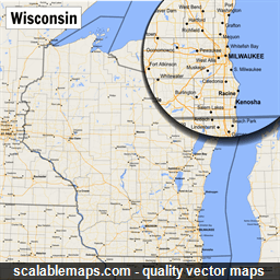 A map of Wisconsin with major places, roads and county borders