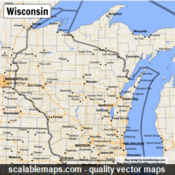 A map of Wisconsin with major places, roads and county borders