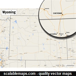 A map of Wyoming with major places, roads and county borders